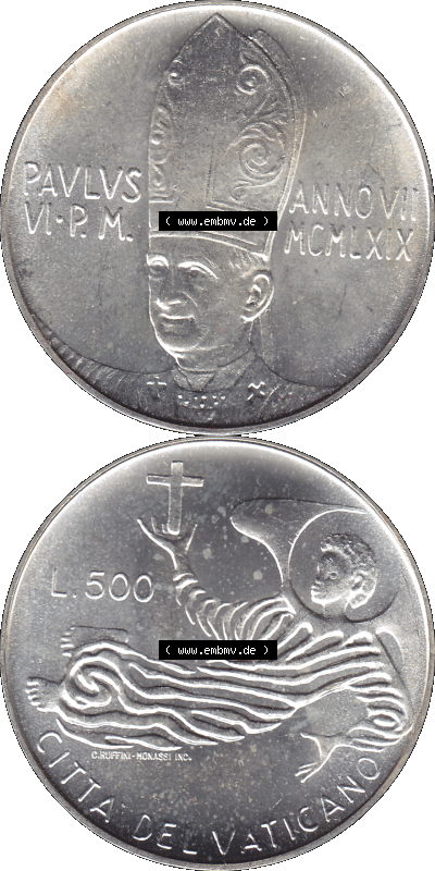 Alte Münze aus der Vatikanstadt / Vatikan als PNG-Grafik 1969-1969, Silbermünze 500 Fünfhundert Lire, mit Engel-Darstellung... Sammlung