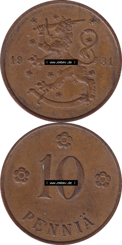 Münze Finnland / SUOMI Umlaufmünzen Sammlung in PNG 1919-1940, 10 Penny, Penniä 1931 (8) - Digital Münzen-Bildmaterial einer... Sammlung