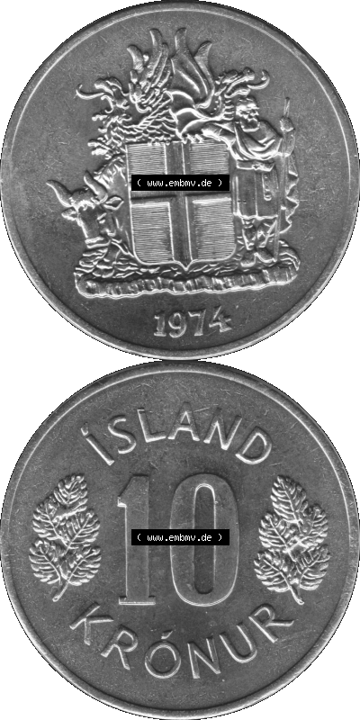 Island Umlaufmünze 1967-1980, 10 Krönur, Zehn Kronen 1974 (Stück 1) Graustufen Sammlung