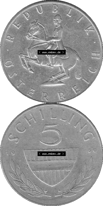 5 / Fünf Schilling Österreich in s/w Schwarzweiß bzw. Graustufen Farbgebung von Scanner transparenten PNG 1960-1968, 5 Fünf... Sammlung