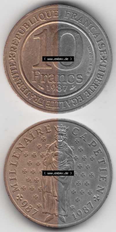 Münze Frankreich Umlaufmünzen Sammlung in PNG 1987-1987, 10 Francs 1000 Jahre König Hugo Capet erster König von Frankreich... Sammlung