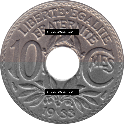 Münze Frankreich Umlaufmünzen Sammlung in PNG 1917-1938, 10 Centimes, Cent 1933 (Stück 1) (5) - Digitales Münzen-Bildmaterial... Sammlung