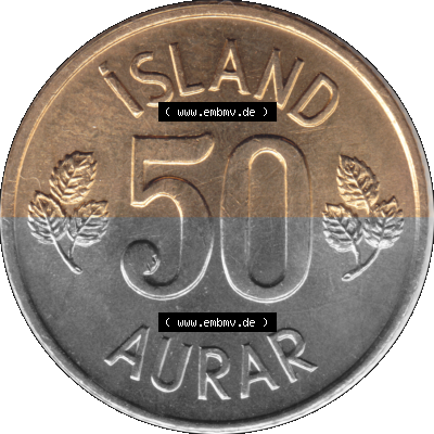 Alte Münze 'Island Umlaufmünze 1969-1974, 50 Aurar, Fünfzig Aura 1974 (Stück 1). Rückseite der alten Münze, Umlaufmünze... Sammlung