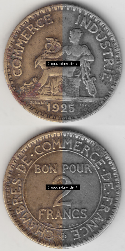 Münze Frankreich Umlaufmünzen Sammlung in PNG 1920-1927, 2 Franken 1925 (Stück 1), BON POUR 2 FRANCS CHAMBRES DE COMMERCE DE... Sammlung