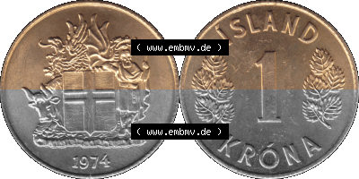 Alte Münze 'Island Umlaufmünze 1957-1975, 1 KR, Eine Krone 1974 (Stück 1). Vorderseite und Rückseite der Münze aus Island... Sammlung