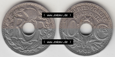 Münze Frankreich Umlaufmünzen Sammlung in PNG 1917-1938, 10 Centimes - Cmes 1938 (3) - Digitales Münzen-Bildmaterial einer... Sammlung