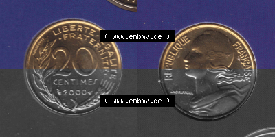 Münze Frankreich Umlaufmünzen Sammlung in PNG 2000, 20 Centimes (3) - Digitales Münzen-Bildmaterial einer französischen Francs... Sammlung
