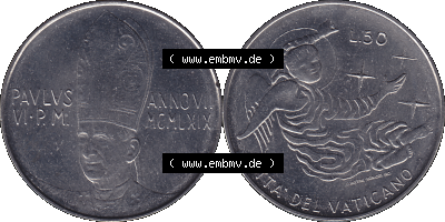 Alte Münze aus der Vatikanstadt / Vatikan als PNG-Grafik 1969-1969, 50 Fünfzig Lire, mit Engel-Darstellung Papst Paul VI. 1969 Sammlung