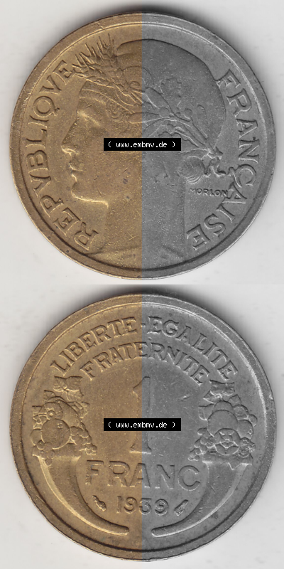 Münze Frankreich Umlaufmünzen Sammlung in PNG 1931-1941, 1 Franken, 1 Franc, 1939 (Stück 1) LIBERTE EGALITE FRATERNITE (4)... Sammlung