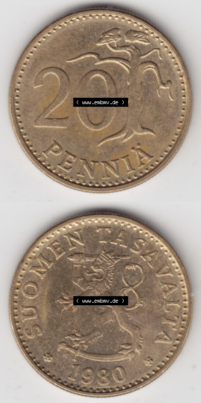 Münze Finnland / SUOMI Umlaufmünzen Sammlung in PNG 1963-1990, 20 Penniä 1980 (4) - Digital Münzen-Bildmaterial einer Münze... Sammlung