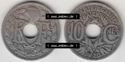 Münze Frankreich Umlaufmünzen Sammlung in PNG 1917-1938, 10 Centimes, 10 CMES EGALITÉ FRATERNITÉ LIBERTÉ 1920 (Stück 1)... Sammlung