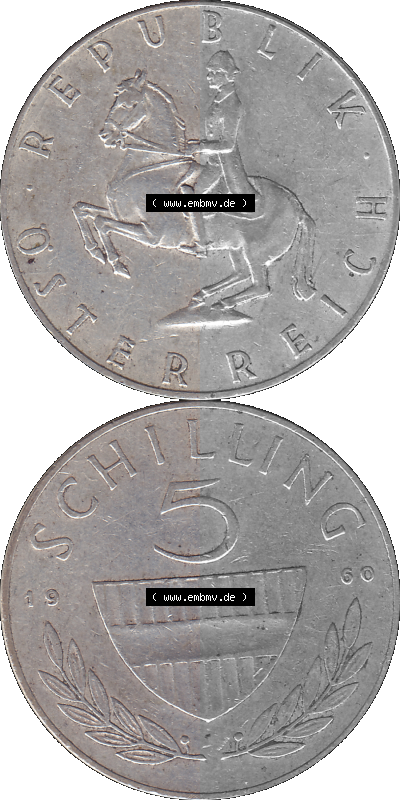 5 / Fünf Schilling Österreich in original Farbgebung von Scanner transparenten PNG 1960-1968, 5 Fünf Schilling 1960 (Stück... Sammlung