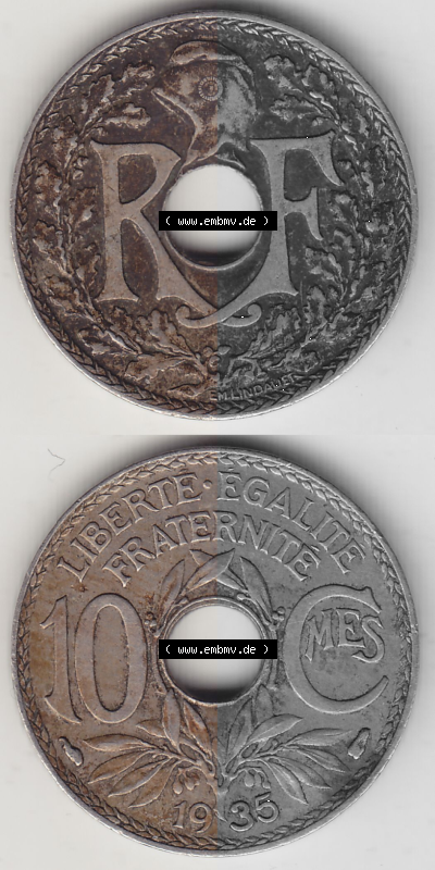 Münze Frankreich Umlaufmünzen Sammlung in PNG 1917-1938, 10 Centimes - Cmes 1935 (Stück 1) (4) - Digitales Münzen-Bildmaterial... Sammlung