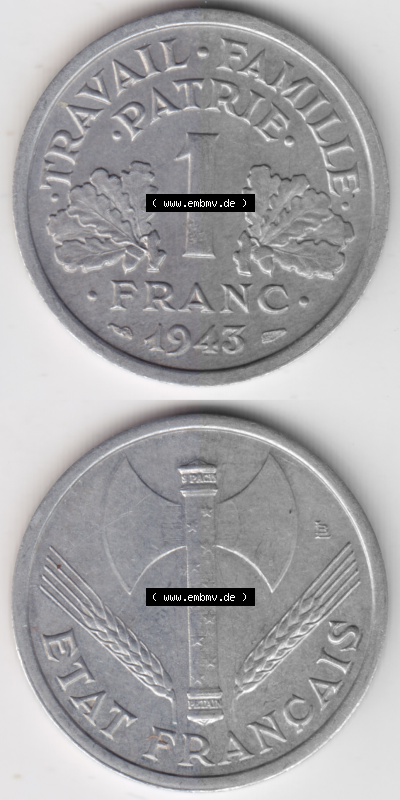 Münze Frankreich Umlaufmünzen Sammlung in PNG 1942-1944, 1 Franc, Franken 1943 (4) - Digitales Münzen-Bildmaterial einer französischen... Sammlung