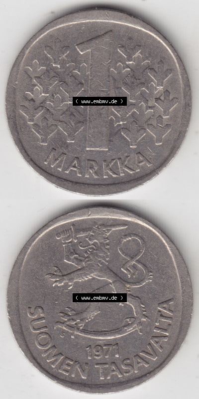 Münze Finnland / SUOMI Umlaufmünzen Sammlung in PNG 1969-1993, 1 Markka 1971 (4) - Digital Münzen-Bildmaterial einer Münze... Sammlung
