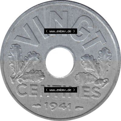 Münze Frankreich Umlaufmünzen Sammlung in PNG 1941-1941, VINGT 20 Centimes, Cent-01 (5) - Digitales Münzen-Bildmaterial einer... Sammlung