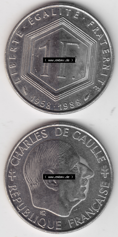 Münze Frankreich Umlaufmünzen Sammlung in PNG 1988-1988, 1 Francs, Franken 1988 (4) - Digitales Münzen-Bildmaterial einer französischen... Sammlung