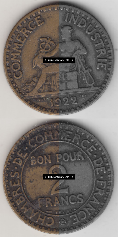 Münze Frankreich Umlaufmünzen Sammlung in PNG 1920-1927, 2 Francs - Franken 1922 (Stück 2) (4) - Digitales Münzen-Bildmaterial... Sammlung