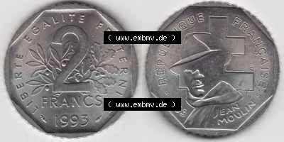 Münze Frankreich Umlaufmünzen Sammlung in PNG 1993-1993, 2 Francs Jean Moulin (3) - Digitales Münzen-Bildmaterial einer französischen... Sammlung