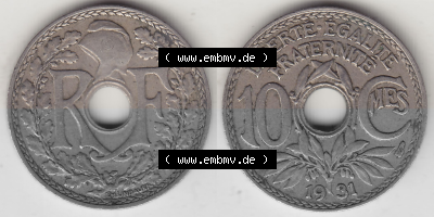 Münze Frankreich Umlaufmünzen Sammlung in PNG 1917-1938, 10 Centimes, 10 CMES EGALITÉ FRATERNITÉ LIBERTÉ 1931 (Stück 1)... Sammlung