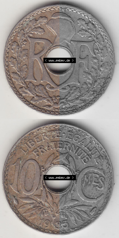 Münze Frankreich Umlaufmünzen Sammlung in PNG 1917-1938, 10 Centimes - Cmes 1935 (Stück 2) (4) - Digitales Münzen-Bildmaterial... Sammlung