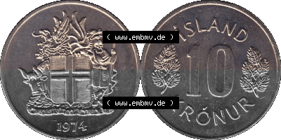 Island Umlaufmünze 1967-1980, 10 Kronur 1974 (Stück 1), 10 Isländische Kronen Sammlung