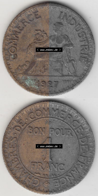 Münze Frankreich Umlaufmünzen Sammlung in PNG 1920-1927, 1 Franken BON POUR 1 FRANC 1927 (4) - Digitales Münzen-Bildmaterial... Sammlung