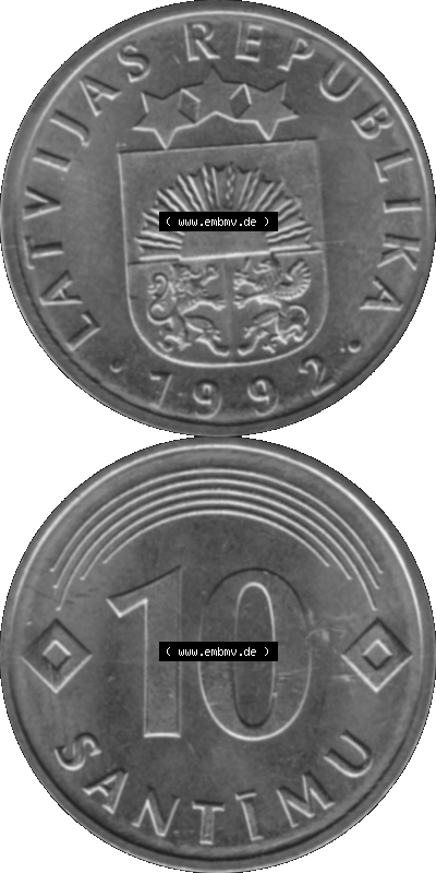 Lettland Umlaufmünze 1992-2008, 10 Santimu 1992 (Stück 1), VS Staatswappen, RS. Wert-Zahl Graustufen Sammlung