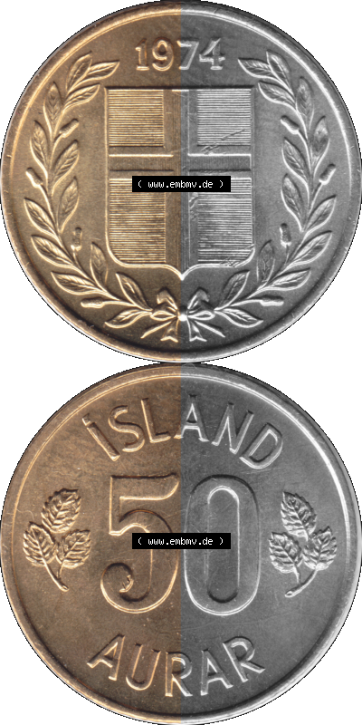 Alte Münze 'Island Umlaufmünze 1969-1974, 50 Aurar, Fünfzig Aura 1974 (Stück 1). Vorderseite und Rückseite der Münze, Umlaufmünze... Sammlung