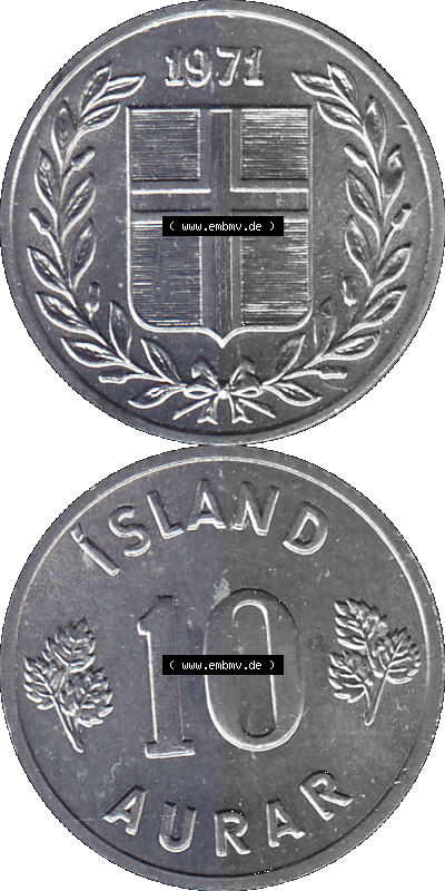 Island Umlaufmünze 1970-1974, 10 Aurar 1974 (Stück 1), 10 Isländische Aurar Sammlung