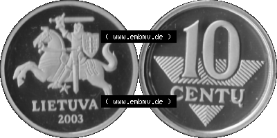 Litauen Kursmünzensatz 1997-2014, 10 Centu 2003 (Stück 1) Graustufen, Digitales Bildmaterial von Münzen aus Litauen Sammlung