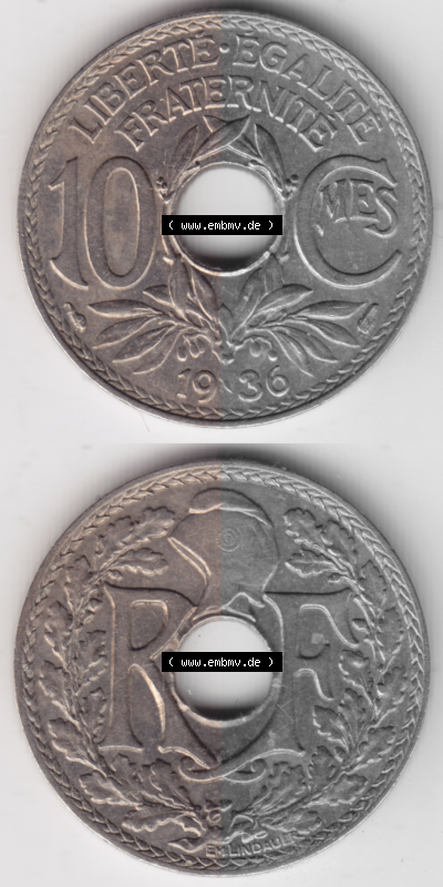 Münze Frankreich Umlaufmünzen Sammlung in PNG 1917-1938, 10 Centimes, Cent 1936 (4) - Digitales Münzen-Bildmaterial einer französischen... Sammlung