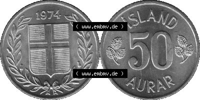 Island Umlaufmünze 1969-1974, 50 Aurar 1974 (Stück 1), 50 Isländische Aurar Graustufen Sammlung