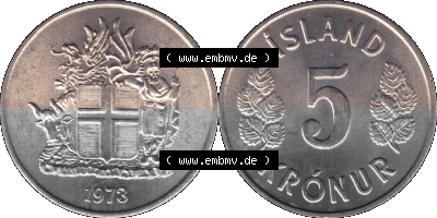 Alte Münze 'Island Umlaufmünze 1969-1980, 5 Kronur, Fünf Kronen 1973 (Stück 1). Vorderseite und Rückseite der Münze aus... Sammlung