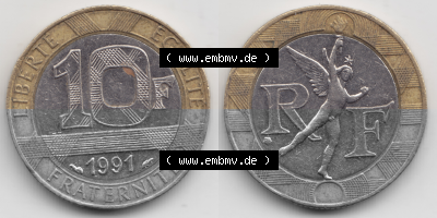 Münze Frankreich Umlaufmünzen Sammlung in PNG 1991, 10 Francs (3) - Digitales Münzen-Bildmaterial einer französischen Francs... Sammlung