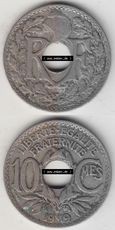 Münze Frankreich Umlaufmünzen Sammlung in PNG 1917-1938, 10 Centimes, 10 CMES EGALITÉ FRATERNITÉ LIBERTÉ 1919 (Stück 2)... Sammlung