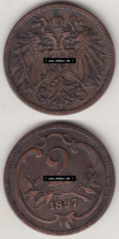 Österreich Austria Österreichisch-Ungarische Krone 1892-1915, 2 Heller, 1897 (4) Sammlung