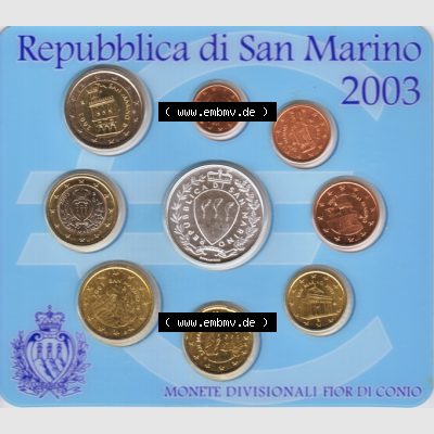 San Marino Euromünzen 2003-2003 San Marino offizieller KMS bzw. Kursmünzensatz mit Euromünzen von 1 Cent bis 2 Euro und eine 5 Euro Silbermünze / Silber-Sondermünze,... Sammlung