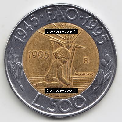 San Marino vor Euro 1995-1995, 500 Lire Gedenkmünze aus San Marino zum Ausgabethema F.A.O. (1) Sammlung