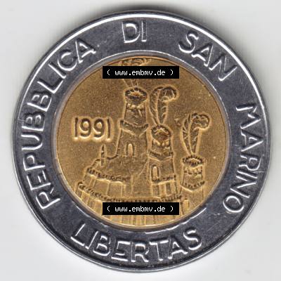 San Marino vor Euro 1991-1991, 500 Lire Gedenkmünze aus San Marino zum Ausgabethema Münze (1) Sammlung
