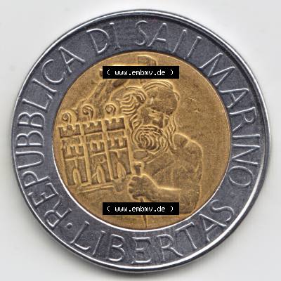 San Marino vor Euro 1994-1994, 500 Lire Gedenkmünze aus San Marino zum Ausgabethema Steinmetz mit Hammer und Meißel Rauchtürme (1) Sammlung