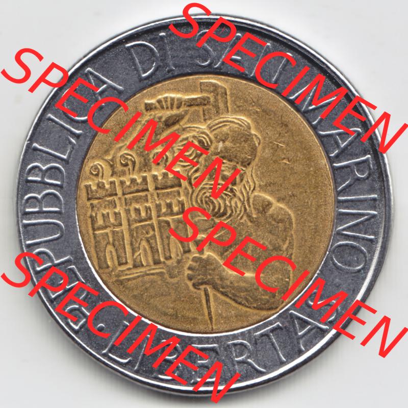 San Marino vor Euro 1994-1994, 500 Lire Gedenkmünze aus San Marino zum Ausgabethema Steinmetz mit Hammer und Meißel Rauchtürme (1) Sammlung