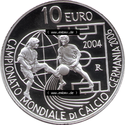San Marino Euromünze 2004-2004, 10 Euro Fußball-WM 2006 in Deutschland, Silber-Diptychon. Rückseite mit Wert-Angabe einer Silber-Diptychon Silbermünze aus San Marino... Sammlung