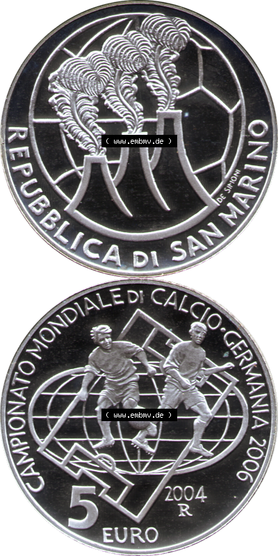 San Marino Euromünze 2004-2004, 5 Euro Fußball-WM 2006 in Deutschland, Silber-Diptychon. Vorderseite und Rückseite der Münze... Sammlung