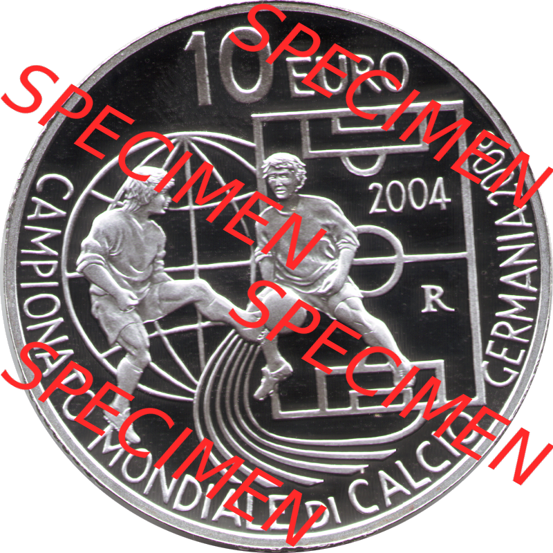 San Marino Euromünze 2004-2004, 10 Euro Fußball-WM 2006 in Deutschland, Silber-Diptychon. Rückseite mit Wert-Angabe einer Silber-Diptychon Silbermünze aus San Marino... Sammlung