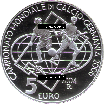 San Marino Euromünze 2004-2004, 5 Euro Fußball-WM 2006 in Deutschland, Silber-Diptychon. Rückseite mit Wert-Angabe einer Silber-Diptychon... Sammlung