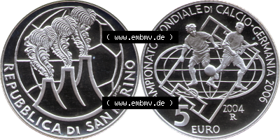 San Marino Euromünze 2004-2004, 5 Euro Fußball-WM 2006 in Deutschland, Silber-Diptychon. Vorderseite und Rückseite der Münze... Sammlung