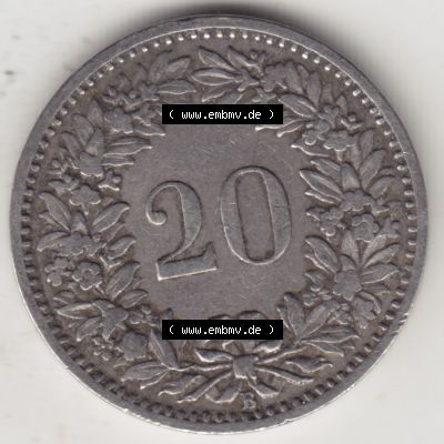 Münzen Schweiz 1881-1938, 20 Rappen Münzzeichen / Mzz. B 1884, Münzen Rückseite als Bildmaterial im online Katalog und online Datenbank für Sammler von Schweizer... Sammlung