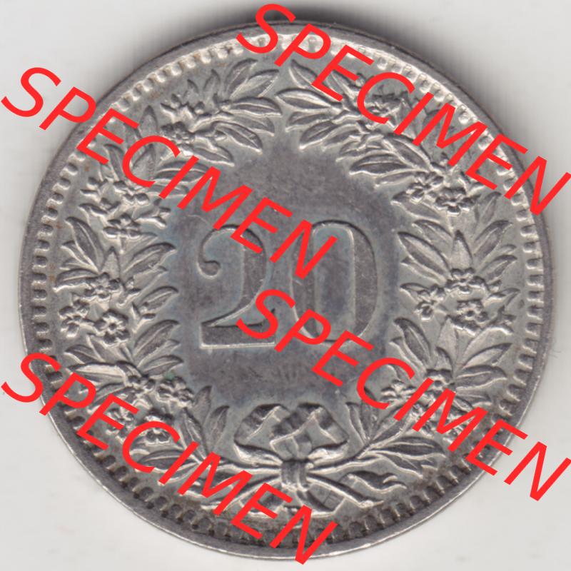 Münzen Schweiz 1939-2018, 20 Rappen Münzzeichen / Mzz. B 1965, Münzen Rückseite als Bildmaterial im online Katalog und online Datenbank für Sammler von Schweizer... Sammlung