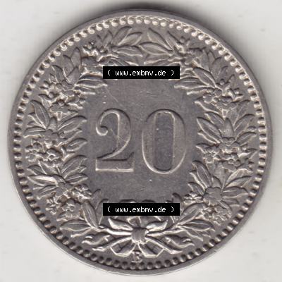 Münzen Schweiz 1881-1938, 20 Rappen Münzzeichen / Mzz. B 1925, Münzen Rückseite als Bildmaterial im online Katalog und online Datenbank für Sammler von Schweizer... Sammlung